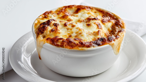 白いココット皿で焼き上げられた熱々のとろけるチーズとミートソースの焼きドリア