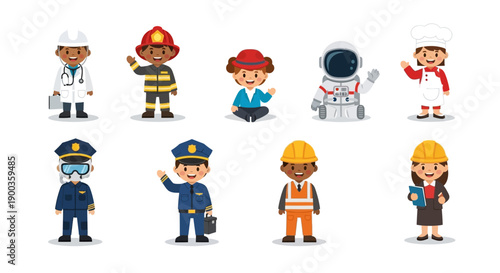 Diverse professionals in various occupations standing together in a flat illustration style