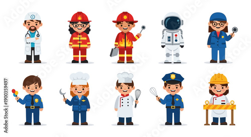 Cartoon characters representing various occupations arranged in a grid on a plain background