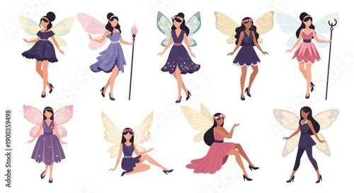 Collection of whimsical fairy illustrations showcasing various poses and magical wands in a fantasy setting from multiple viewpoints