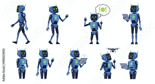 Robot illustrations showcasing various actions and interactions in a futuristic setting from a straightforward viewpoint