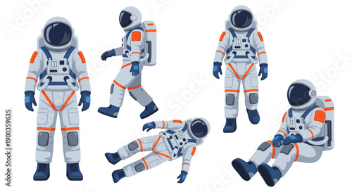 Astronauts in various poses wearing white spacesuits with orange accents, floating and standing in a zero-gravity environment.