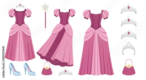Fashion illustration of princess dresses and accessories displayed together in a stylish arrangement