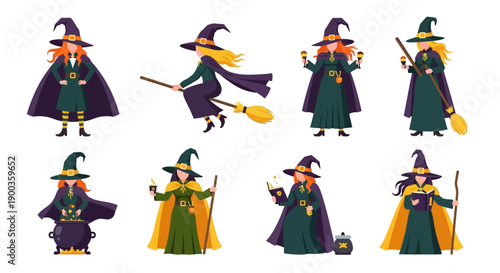 Collection of witches in various poses and costumes flying on broomsticks vector illustration