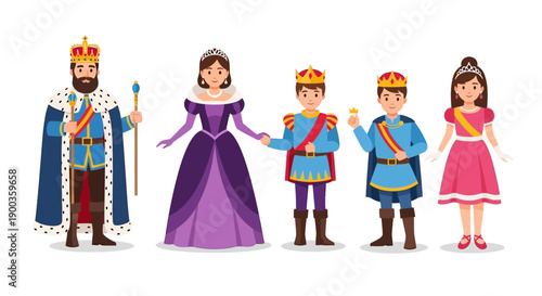 Schilderij op canvas Royal Family Standing Together in Regal Attire with Children in a Formal Illustr