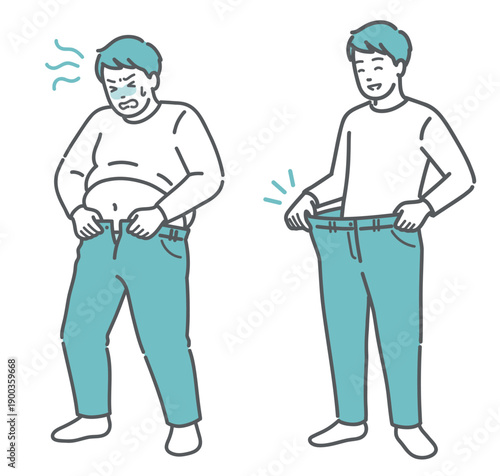 ダイエット・ビフォーアフターの男性のイラストセット（肥満と減量成功・比較）