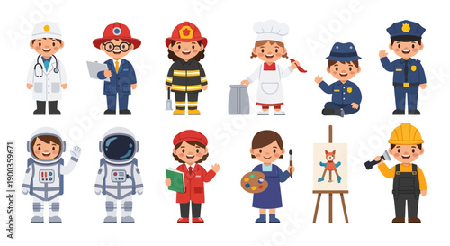 Diverse children in various professional costumes and uniforms, standing and engaging in different occupations and activities, vector illustrations.