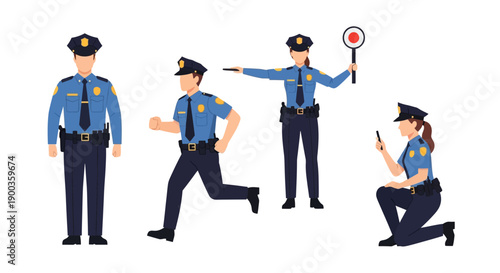 Police officers in various poses with equipment displayed in a graphic illustration