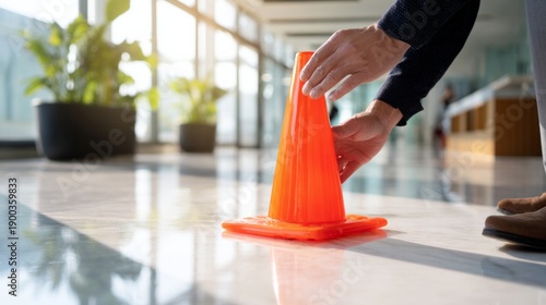 Person placing orange warning safety cone on office floor, indicating danger for public or employees