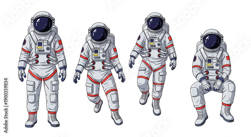 Astronauts in various poses wearing white spacesuits with red accents standing or crouching