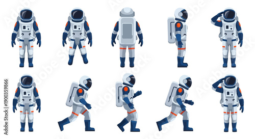 Astronaut performing various actions in space suits on a white background, depicted from multiple viewpoints, showcasing different poses and movements, illustrated in a graphic style