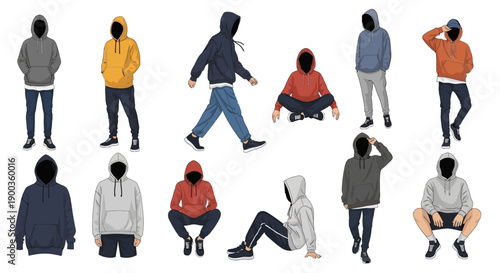 Illustration of people in various poses and clothing, showcasing different styles and actions on a clean background from a front viewpoint