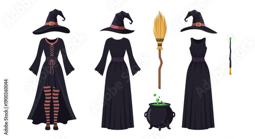 Illustration of witch costumes and accessories in various styles and views