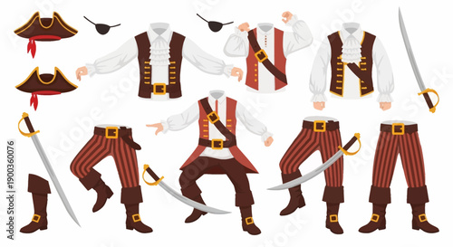 Pirate character illustration showcasing various poses and accessories including hats, swords, and boots in a white background
