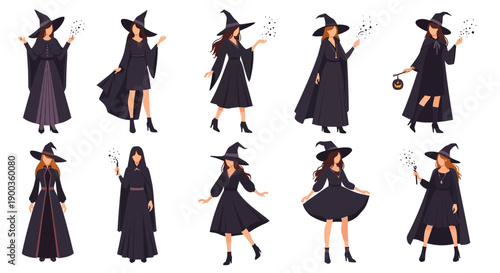 Witch poses in various dark robes and hats, demonstrating magical actions and diverse styles