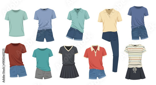 Collection of assorted tops and bottoms displayed on hangers and mannequins from a front viewpoint