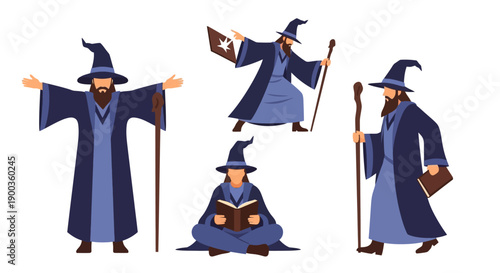 Various wizard poses depicted in blue robes with hats and staffs in different actions and illustrations