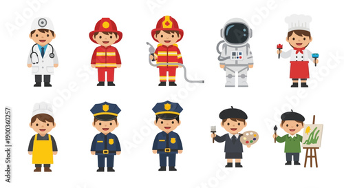 Diverse professions illustration featuring doctor, firefighter, astronaut, and artist in various poses and attire