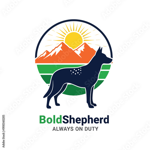 Graphic illustration of a loyal canine standing in a serene mountain landscape at sunrise