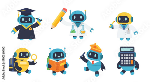 Robots in various professions and activities depicted in a digital illustration set against a clean white background