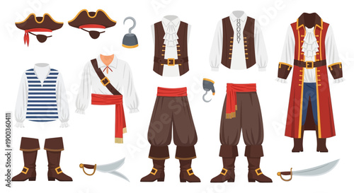 Pirate costume elements arranged neatly showcasing various accessories and clothing items on a white background, Whisk reference