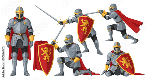 Medieval Knights in Action Poses with Shields and Swords in Various Combat Stances Vector Illustration