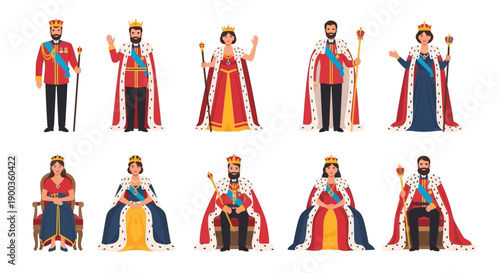 Royal Figures in Regal Attire Standing and Sitting in Ceremonial Positions with Scepters and Crowns
