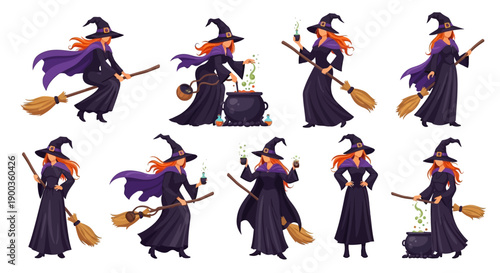 Witches in various poses and actions with broomsticks and potions in a whimsical illustration