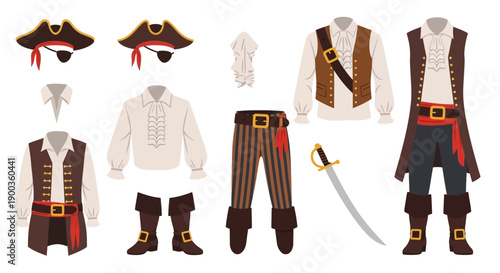 Pirate costume elements including hats, shirts, vests, boots, and swords displayed on mannequins in a clean white environment from a frontal viewpoint