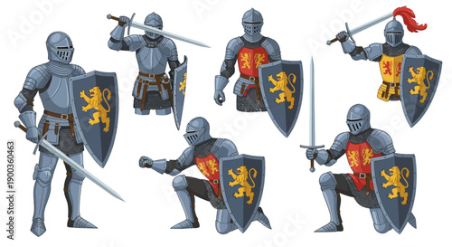Medieval knights in armor posing with swords and shields in various positions and actions