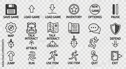 Collection of simple black icons representing various game controls and actions on a transparent background viewed from directly above
