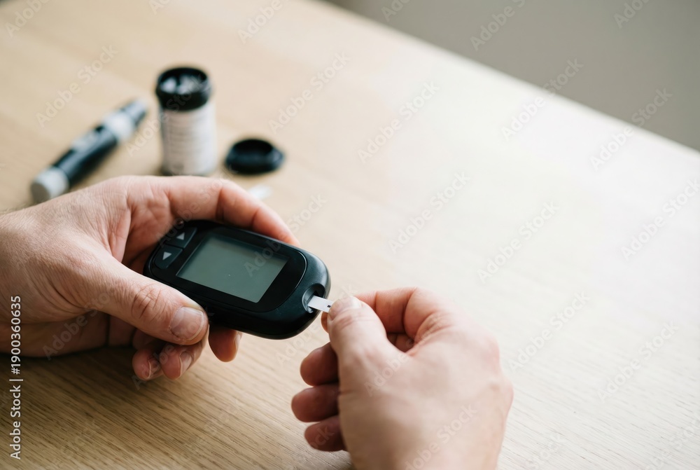 Fototapeta premium A person with diabetes using a glucometer to check their blood sugar level by inserting a test strip.