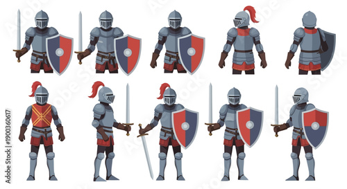 Collection of digital illustrations depicting medieval knights in armor with shields and swords in various poses and attire