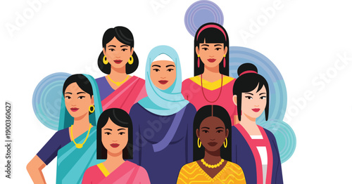 Cultural diversity women illustration, traditional attire artwork, global unity portrait, inclusive feminine design, empowerment celebration tribute, flat vector illustration