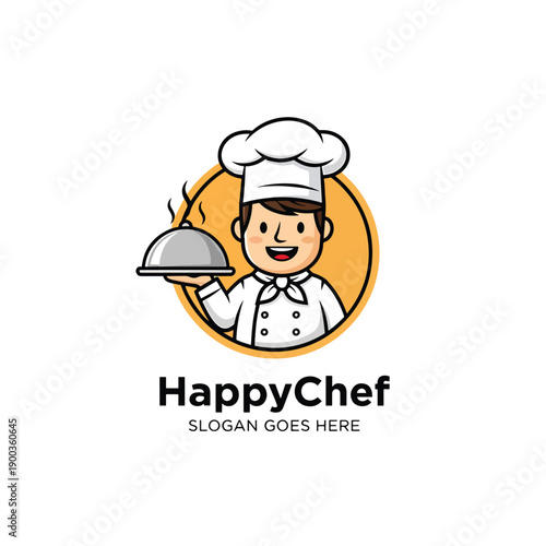 Happy chef character presenting a steaming dish, a friendly culinary mascot illustration