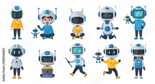 Collection of robots in various poses and actions displayed in a grid layout, featuring diverse robot designs and accessories