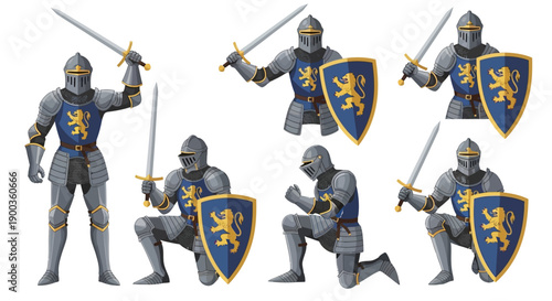 Multiple poses of a medieval knight in armor holding sword and shield with a lion emblem, depicted in various action stances