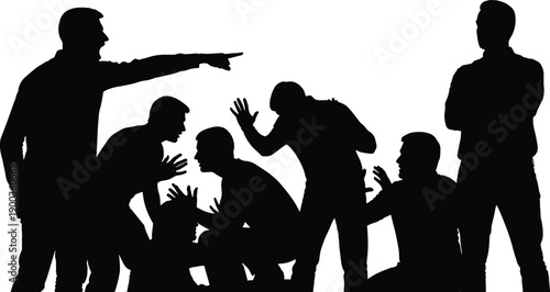 People argument silhouette showing conflict bullying accusation aggression confrontation stress teamwork problem social tension psychology concept illustration black