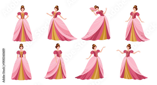 Illustration of a woman in a pink dress showcasing various dance movements and poses against a clean background