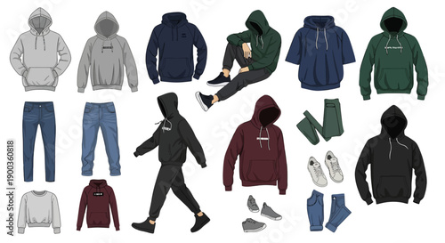 Collection of various hooded sweatshirts and casual wear clothing items displayed together