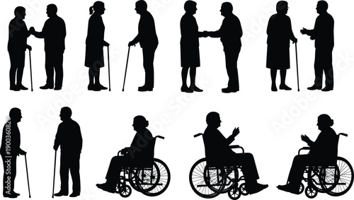 Senior people silhouette set showing elderly conversations, walking with cane, wheelchair users, aging care, disability support, minimal black vector illustration
