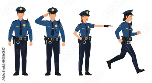Police officers in various poses and actions related to a chase scene illustration