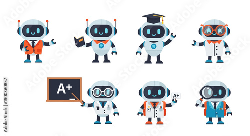 Collection of diverse robots in various poses and attire displayed in a grid arrangement on a plain surface viewed from directly above