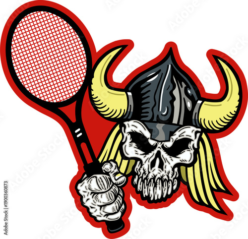 viking skull mascot holding tennis racket for school, college or league sports