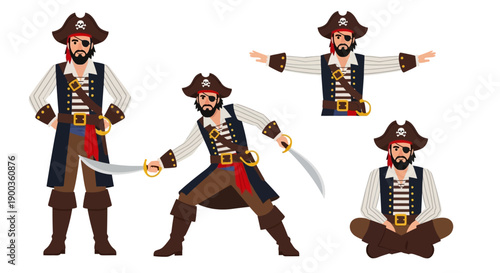 Pirate illustrations showcasing various poses and actions with swords and costumes in a white background from different viewpoints