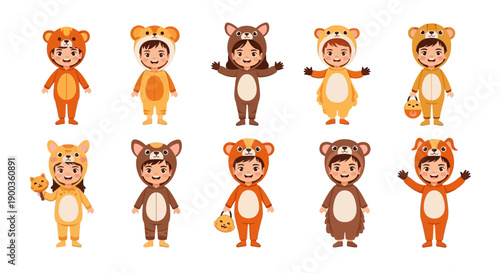 Children in various animal costumes standing together in a grid pattern