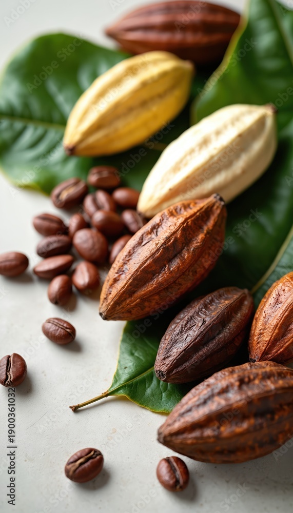 Obraz premium Ripe cocoa pods and beans arranged with green leaves on light surface. Chocolate ingredients show natural raw cacao fruit varieties. Tropical harvest for delicious sweet treats.