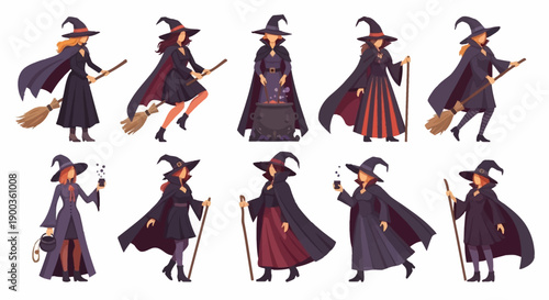 Witches in various poses and attire flying on broomsticks, holding staffs, and wearing hats in a white background illustration