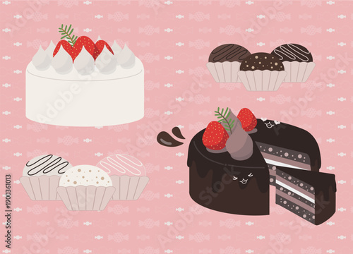 쇼콜라 케이크와 생크림 케이크, 초콜릿과 화이트 초콜릿