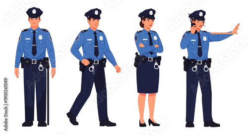 Police officers in uniform walking and directing, illustration of law enforcement personnel in various poses